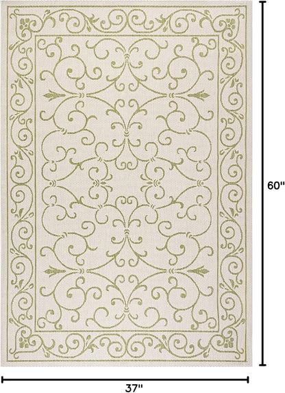 JONATHAN Y Vintage Filigree Indoor Outdoor Area Rug 3X5 Cream/Green, Charleston Textured Weave for Backyard, Patio, Porch, Easy-Cleaning, High Traffic, Pet-Friendly, Non-Shedding (SMB106I-3)