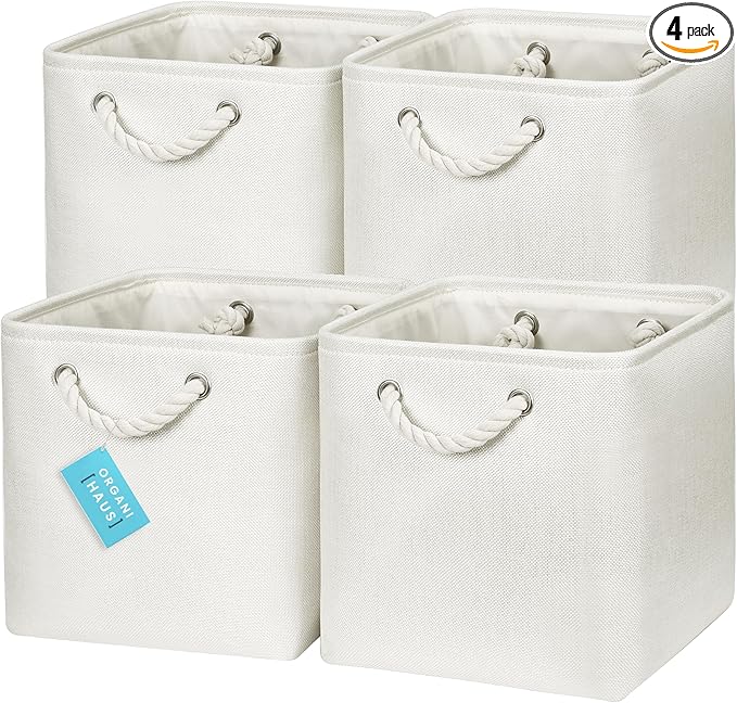 OrganiHaus 11x11 Cube Storage Bins 4 Pack, Foldable Cube Storage Organizer w/ Rope Handles, Collapsible Fabric Bins for Toys, Clothes & Closet Organization, Fabric Square Baskets - Off-White