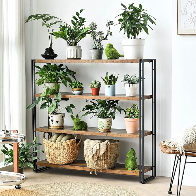 Bookshelf,4-Tier Industrial Bookcase,Rustic Wood and Metal Open Display Book Shelves Home Office,Bedroom Standing Shelf Unit,Horizontal Kitchen Shelf Organizer,Bathroom Storage Rack Mid Century 47in