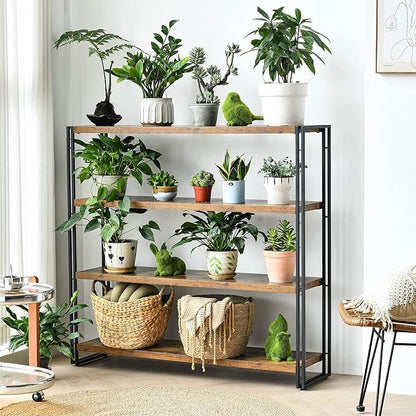 Bookshelf,4-Tier Industrial Bookcase,Rustic Wood and Metal Open Display Book Shelves Home Office,Bedroom Standing Shelf Unit,Horizontal Kitchen Shelf Organizer,Bathroom Storage Rack Mid Century 47in