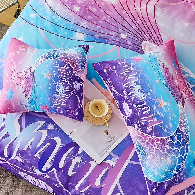RYNGHIPY Mermaid Comforter Set 6Pcs, Kids Gilrs Bed in a Bag Twin Size, Mermaid Tail Print Teens Girls Bedding Set, Rainbow Bedding Collections