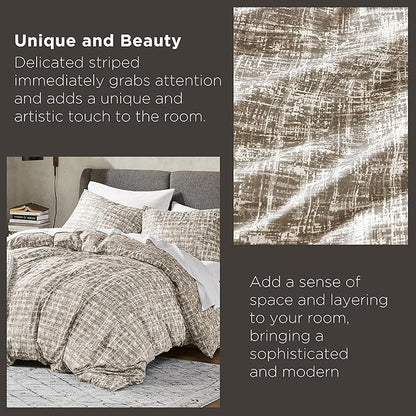 Hyde Lane Comforter King Size for Men, Taupe Modern Farmhouse Aesthetic Soft Bedding Set, Masculine Plaid Lines Pattern Bed Sets for All Season, 3 Pieces includes 1 Comforter, 2 Shams (104"x 90")
