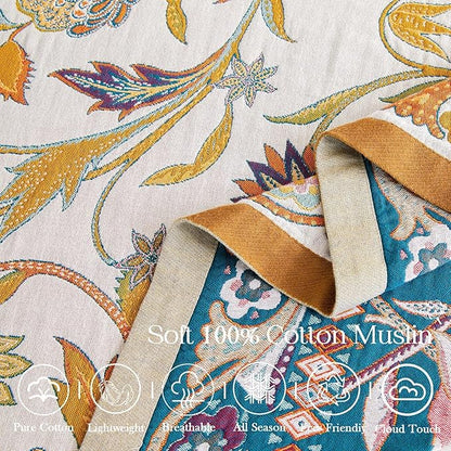 Fall Throw Blanket for Couch, Brown Boho Decorative Throw Blanket, 100% Cotton Muslin Breathable Woven Farmhouse Blankets Quilt, 90"x98" Reversible Lightweight Blankets Bohemian Throw Quilt