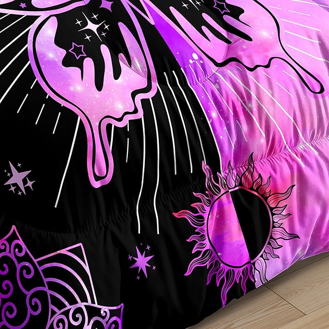 Butterfly Comforter - Butterfly Bed Set - Butterfly Comforter Set for Girls Women Bed Girls Twin Bedding Set Black Purple Butterflies with Sun and Moon Printed Quilt Sets with 1 Pillowcase