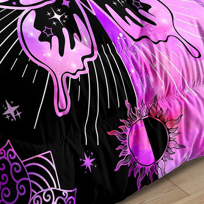 Butterfly Comforter - Butterfly Bed Set - Butterfly Comforter Set for Girls Women Bed Girls Twin Bedding Set Black Purple Butterflies with Sun and Moon Printed Quilt Sets with 1 Pillowcase