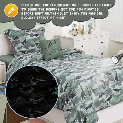 KALEIDOSPACE Kids Comforter Set Full Size for Boys, Glow in The Dark Dinosaur Bedding Set Full-1 Full Comforter, 1 Decor Pillow, 2 Pillow Shams