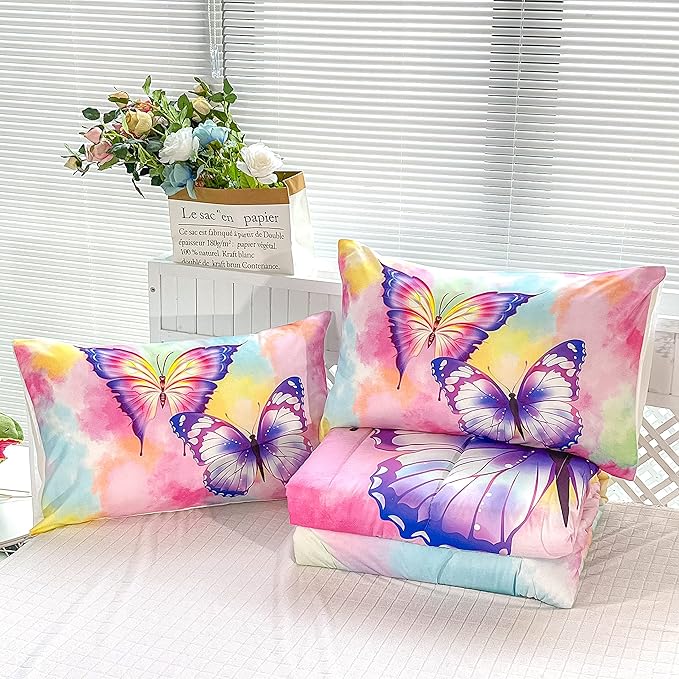 CVHOUSE Butterfly Bedding Set,Butterfly Comforter Full,Butterfly Comforter Set for Girls Kids Teens,Butterflies Quilt Set with 1 Comforter and 2 Pillow Cases
