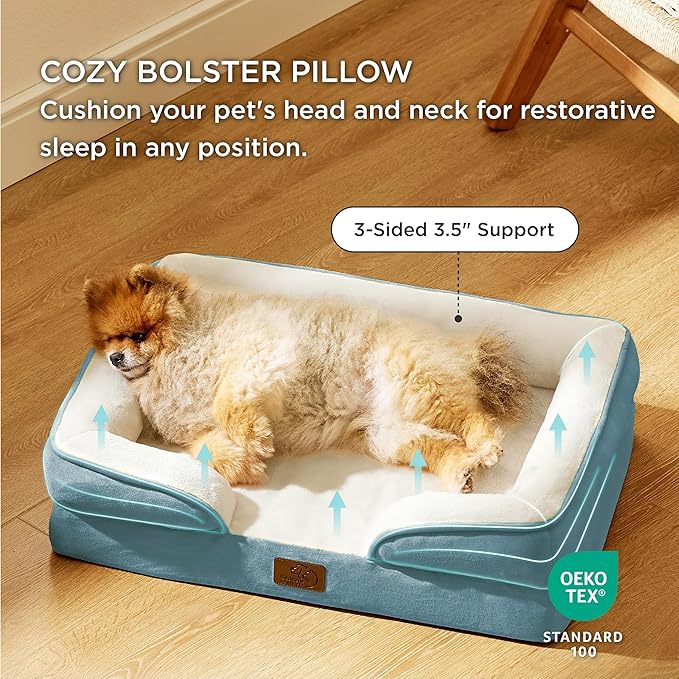 Bedsure Small Orthopedic Dog Bed - Washable Bolster Dog Sofa Beds for Small Dogs, Supportive Foam Pet Couch Bed with Removable Washable Cover, Waterproof Lining and Nonskid Bottom Couch, Blue