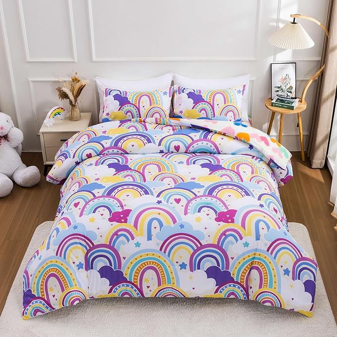 Btargot Lightweight Soft 3 Piece Rainbow Comforter Set with 2 Pillow Covers, Cartoon Love Hearts Flowers and Sun Star Bedding Set for Girls Boys Kids,Full Light Purple