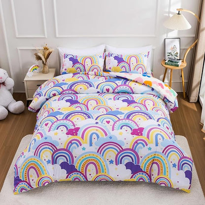 Btargot Lightweight Soft 3 Piece Rainbow Comforter Set with 2 Pillow Covers, Cartoon Love Hearts Flowers and Sun Star Bedding Set for Girls Boys Kids,Queen Light Purple