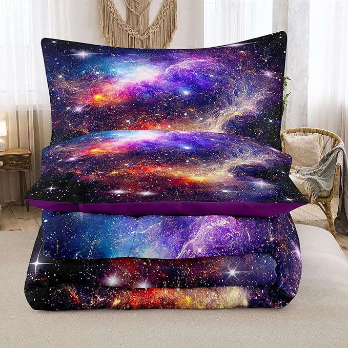 Tailor Shop Galaxy Comforter Space Kids Bedding Set King Size, Purple Comforter for Girls with 2 Pillowcase
