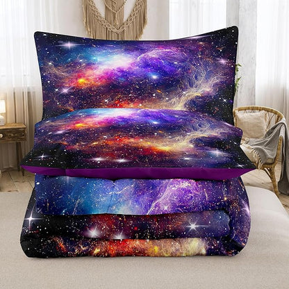 Tailor Shop Galaxy Comforter Space Kids Bedding Set King Size, Purple Comforter for Girls with 2 Pillowcase