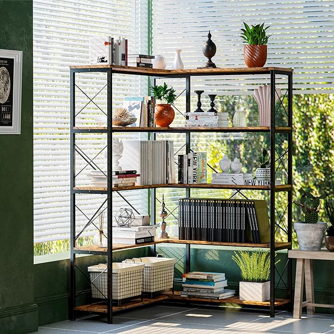 IRONCK 5-Shelf Corner Bookcase, Vintage Industrial Corner Bookshelf Etagere Bookcase, 5 Tier Corner Shelf Storage Rack with Metal Frame for Living Room Home Office