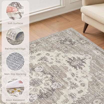 Washable Area Rugs for Living Room - 5x7 Neutral Vintage Distressed Floral Farmhouse Boho Large Soft Floor Rug Indoor Non Slip Carpet for Living Room Bedroom Dining Room Office -Brown/Beige