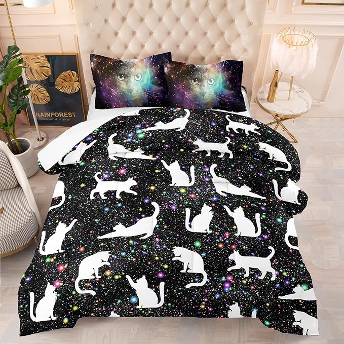 Tailor Shop Cat Comforter Set for Kids Boys Girls Teens Cute Cartoon Cat Galaxy Bedding Sets Black Dreamy Outer Space Full Size with 1 Comforter 2 Pillow Shams
