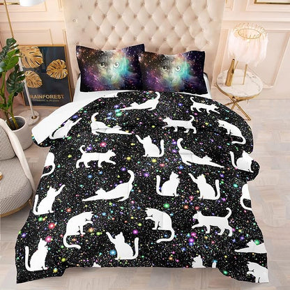 Tailor Shop Cat Comforter Set for Kids Boys Girls Teens Cute Cartoon Cat Galaxy Bedding Sets Black Dreamy Outer Space Twin Size with 1 Comforter 1 Pillow Sham…………