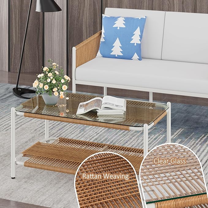 Shintenchi 5 Piece Wicker Outdoor Patio Furniture Set, White Metal Sofa Conversation Set, including Loveseat, Two Single Chairs and Two Coffee Tables for Backyard, Patio, Balcony, Poolside