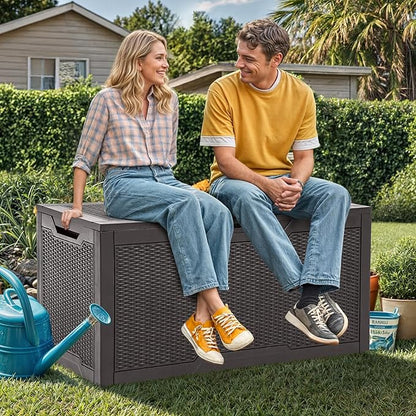 YITAHOME 100 Gallon Large Resin Deck Box Outdoor Storage Boxes for Patio Furniture, Outdoor Cushions, Garden Tools and Pool Supplies-Waterproof,Lockable (Dark Brown)