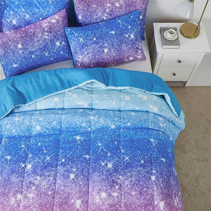 Rainbow Glitter Comforter Set Twin Size for Girls, Sparkle Galaxy Twinkle Starlight Comforter for Kids,2 Piece Aqua Blue Purple Pink Ombre Pastel Bedding Set with 1 Pillow Case(Rainbow,Twin)