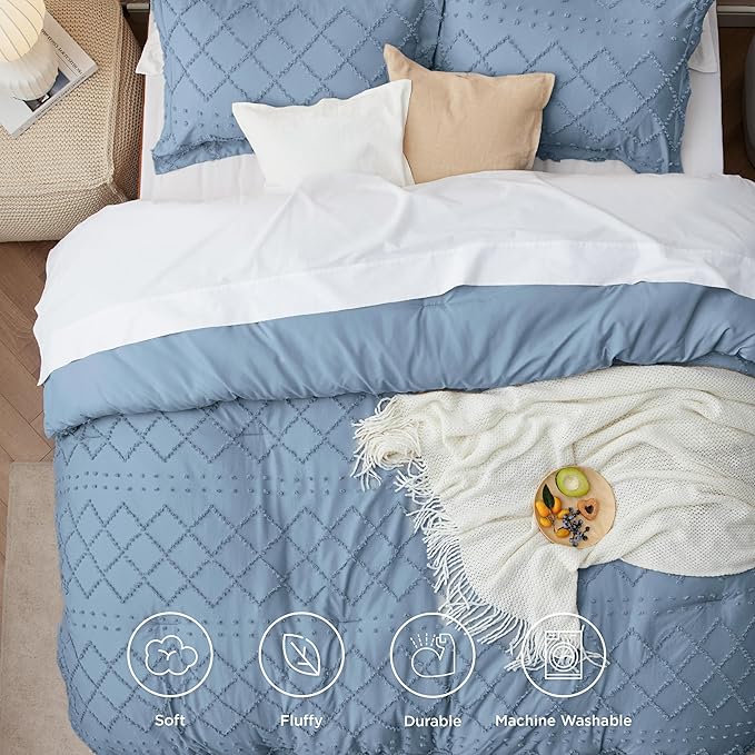 Bedsure Full Size Comforter Set - Grayish Blue Comforter, Boho Tufted Shabby Chic Bedding Comforter Set, 3 Pieces Farmhouse Bed Set for All Seasons, Fluffy Soft Bedding Set with 2 Pillow Shams