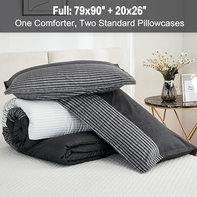 Litanika Full Size Comforter Sets Black White Grey - 3 Pieces Lightweight Bedding Set, All Season Down Alternative Comforter (1 Comforter, 2 Pillowcases)
