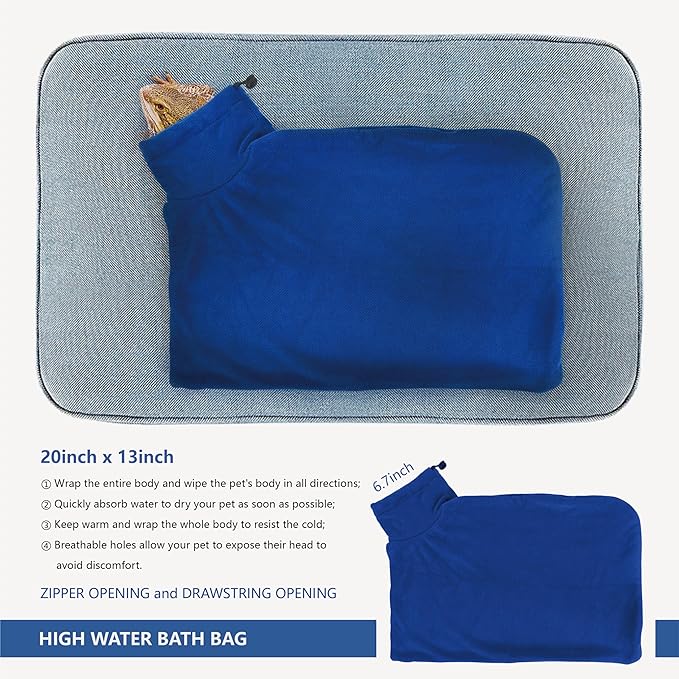 Bearded Dragon Foldable Bath Pool with Bath Brush, Bathrobe, Towel, Spray Pot and Tweezer, (Blue 6 in 1 Set) for Puppy Small Dogs Cats