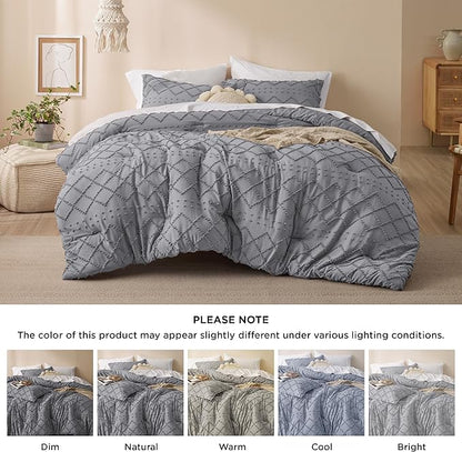 Bedsure Full Size Comforter Set - Grey Comforter, Boho Tufted Shabby Chic Bedding Comforter Set, 3 Pieces Vintage Farmhouse Bed Set for All Seasons, Fluffy Soft Bedding Set with 2 Pillow Shams