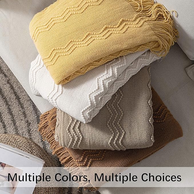 MIULEE Knitted Boho Throw Blanket for Couch Textured Knit Terracotta Rust Blanket with Tassels Cozy Woven Farmhouse Blanket for Sofa Bed Chair Wave Pattern Fall Decor 50"x60", Orange