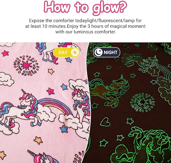 Mooreeke Glow in The Dark Twin Plush Fleece Comforter Bed Set, Soft & Warm 2 Piece Bed in A Bag with Sham, Velour Velvet Pink Unicorn Girls Kids Bedding Set, Fluffy Fuzzy Polar Cozy and Stylish