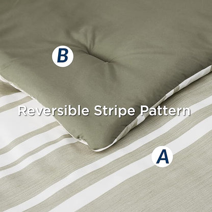Bedsure Bed in a Bag Queen 7 Pieces, Olive Green White Striped Bedding Comforter Sets All Season Bed Set, 2 Pillow Shams, Flat Sheet, Fitted Sheet and 2 Pillowcases