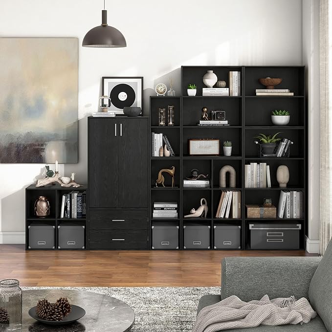 Apexa 3-Tier Cube Storage Organizer Shelves, Stackable Wood Bookcase Fits Cubby Bins for Organization, Dorm Teen Room Decor & Home Office, Black
