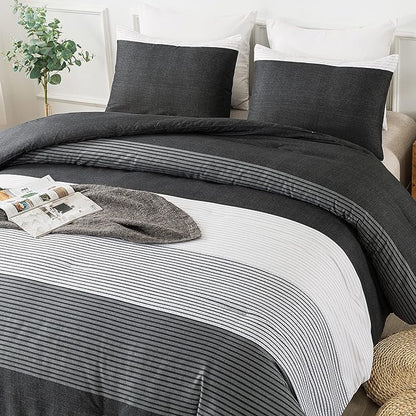 Andency Black Comforter King Size, 3 Pieces Black White Gray Patchwork Striped Comforter (104x90 Inch), Soft Microfiber Down Alternative King Comforter Bedding Sets with Corner Loops