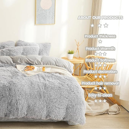 Fluffy gray comforters Cover twin size - Ultra Soft Plush gray bedding Sets 2 Pieces (1 faux fur comforter Cover + 1 fuzzy pillow case) girls shaggy gray twin bed set (Gray, Twin)