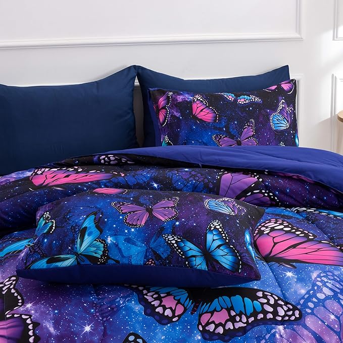 Btargot 3 Piece Butterfly Pattern Girls Comforter Set with 2 Pillow Covers, Galaxy Outer Space Printed Bedding Set for Women, Queen Purple Blue