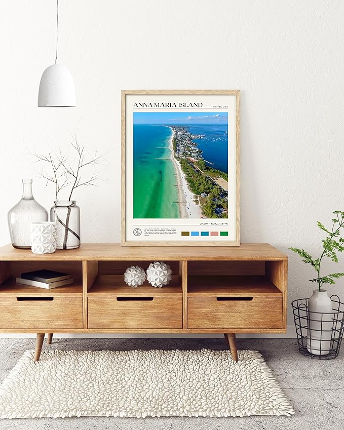 HesenDot Natural OAK Wood Framed Anna Maria Island Wall Art,12x16in Florida Seascape Canvas Wall Print,Classic Urban Landmark Wall Decor for Living Room, Bedroom,Office Gallery Set of 1