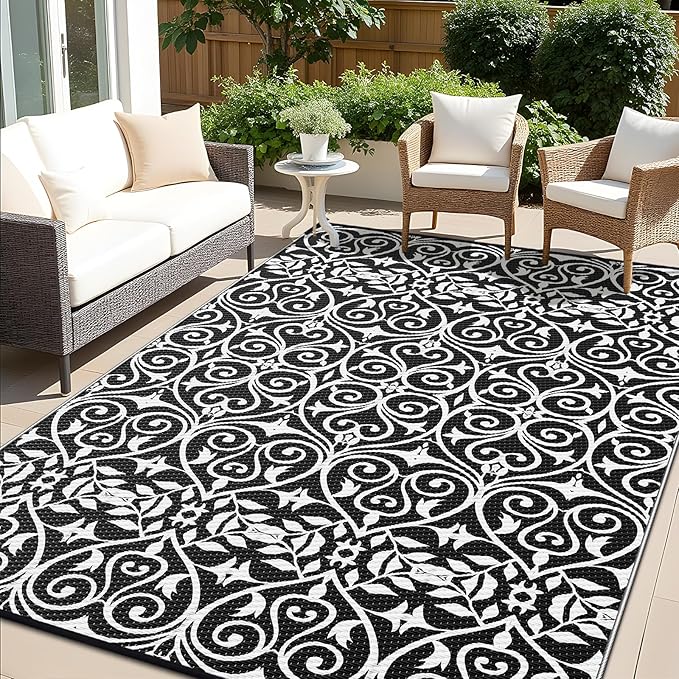 OLANLY Outdoor Rug Waterproof 8x10 ft Clearance, Reversible Outdoor Plastic Straw Rug with Floral Pattern, RV Mat for Patio, Camping, Balcony, Deck, Backyard, Black & White