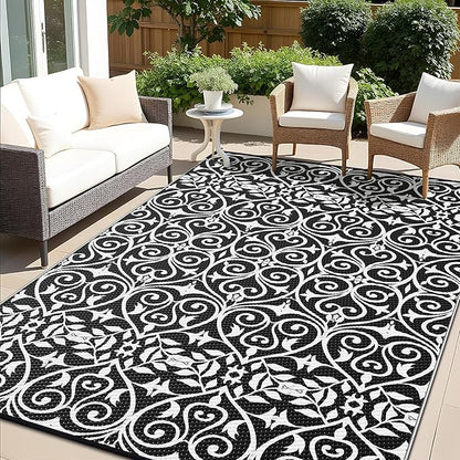 OLANLY Outdoor Rug Waterproof 8x10 ft Clearance, Reversible Outdoor Plastic Straw Rug with Floral Pattern, RV Mat for Patio, Camping, Balcony, Deck, Backyard, Black & White