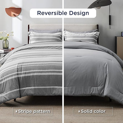 Bedsure California King Comforter Set Size 7 Pieces, Gray White Striped Cali King Bed Set All Season Bedding Sets, Bed in a Bag with Comforter, Sheets, Pillowcases & Shams