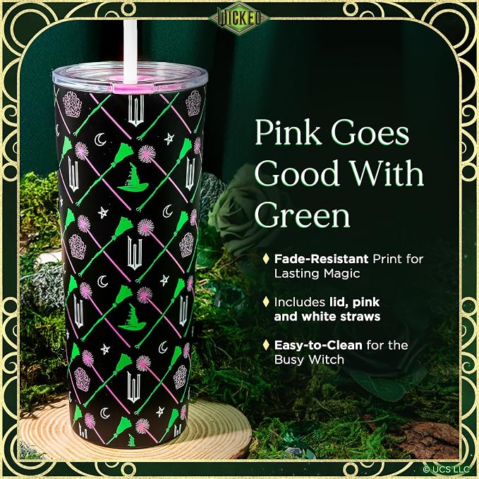 Dragon Glassware x Wicked Stainless Steel Tumbler with Straw, 24 oz - Green | Vacuum Insulated Wicked Cup with Lid & Straw For Water & Iced Tea; Official Wicked Merch