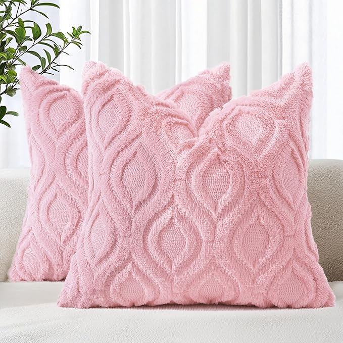 decorUhome Throw Pillow Covers 16x16 Inch Set of 2, Soft Plush Decorative Faux Fur Light Pink Solid Couch Pillow Covers, Accent Farmhouse Neutral Square Euro Pillow Cases for Sofa Bed Living Room