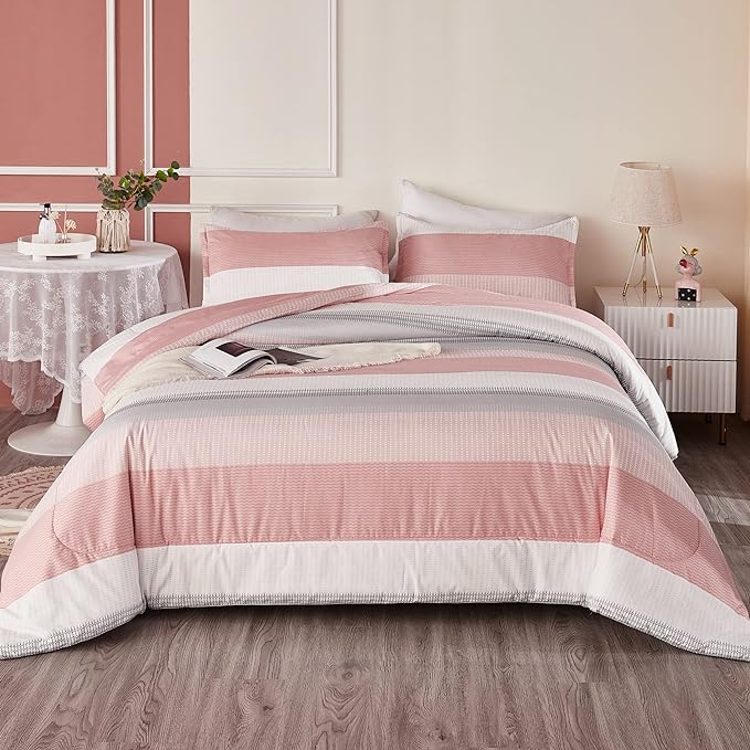 Litanika Pink King Size Comforter Set, 3 Pieces Blush White Colorblock Lightweight Bedding Comforter Set