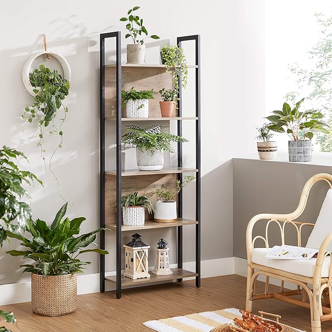VASAGLE 5-Tier Bookshelf, Book Shelf, Industrial Bookcase, with Steel Frame, for Living Room, Home Office, Bedroom, 9.4 x 24.4 x 65 Inches, Greige and Black ULLS025B02
