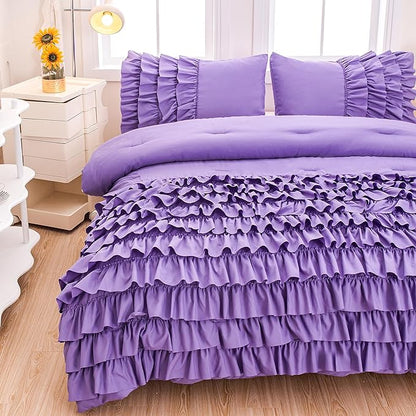 Girls Comforter Set Queen, Lavender Ruffle Bedding Set Queen, Purple Comforter Sets for Queen Size Bed with Sheets, Girls Queen Bedroom Comforter Set
