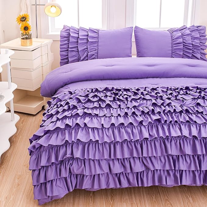 Full Size Comforter Set for Girls, Purple Ruffle Bedding Set Full, 5 Pcs Bed in a Bag for Girls, Purple Comforter Sets Full with 1 Fitted Sheets, 1 Flat Sheet, 1 Comforter, 2 Pillowcases