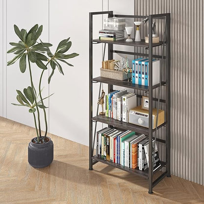 4NM No-Assembly Folding Bookshelf Storage Shelves 4 Tiers Vintage Bookcase Standing Racks Study Organizer Home Office (Gray and Black)