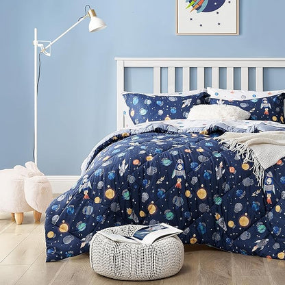 Kids Bedding Set for Boys, Twin Size 5 Pieces Space Themed Bed in a Bag, Super Soft Lightweight Microfiber Comforter Set with Sheets, Hotel Quality Durable Children Bed Set