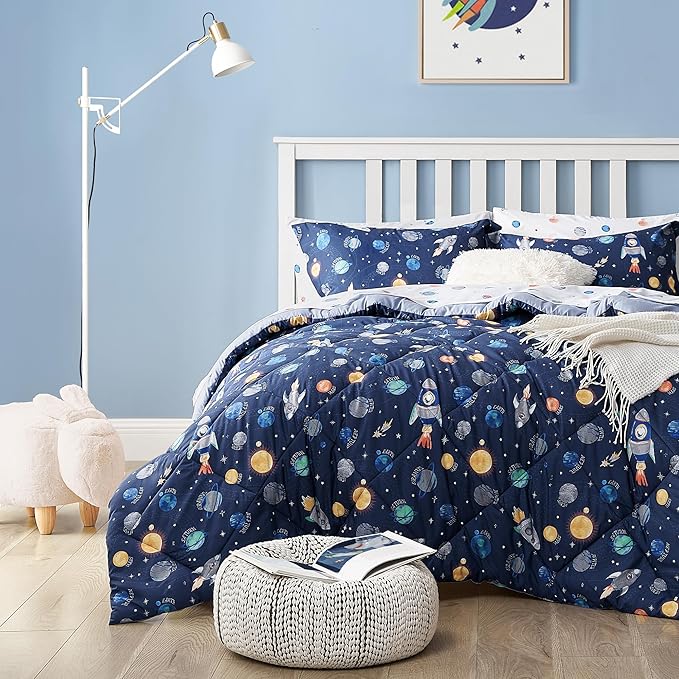 Kids Bedding Set for Boys, Queen Size 7 Pieces Space Themed Bed in a Bag, Super Soft Lightweight Microfiber Comforter Set with Sheets, Hotel Quality Durable Children Bed Set