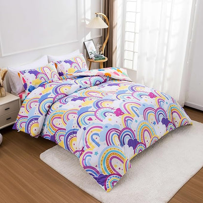 Btargot Lightweight Soft 3 Piece Rainbow Comforter Set with 2 Pillow Covers, Cartoon Love Hearts Flowers and Sun Star Bedding Set for Girls Boys Kids,Queen Light Purple