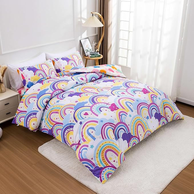 Btargot Lightweight Soft 3 Piece Rainbow Comforter Set with 2 Pillow Covers, Cartoon Love Hearts Flowers and Sun Star Bedding Set for Girls Boys Kids,Twin Light Purple