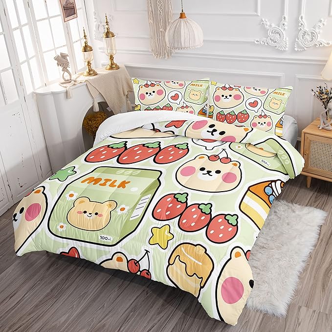 Datura home Kawaii Strawberry Bear Comforter Bedding Set for Kids Boys and Girls Teens,Cute Cartoon Fruit Print Light Green with 1 2 Pillowcases(Kawaii Queen), Queen 90x90inches